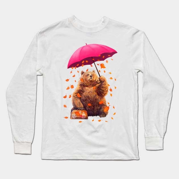 Bear with umbrella on white Long Sleeve T-Shirt by kodamorkovkart